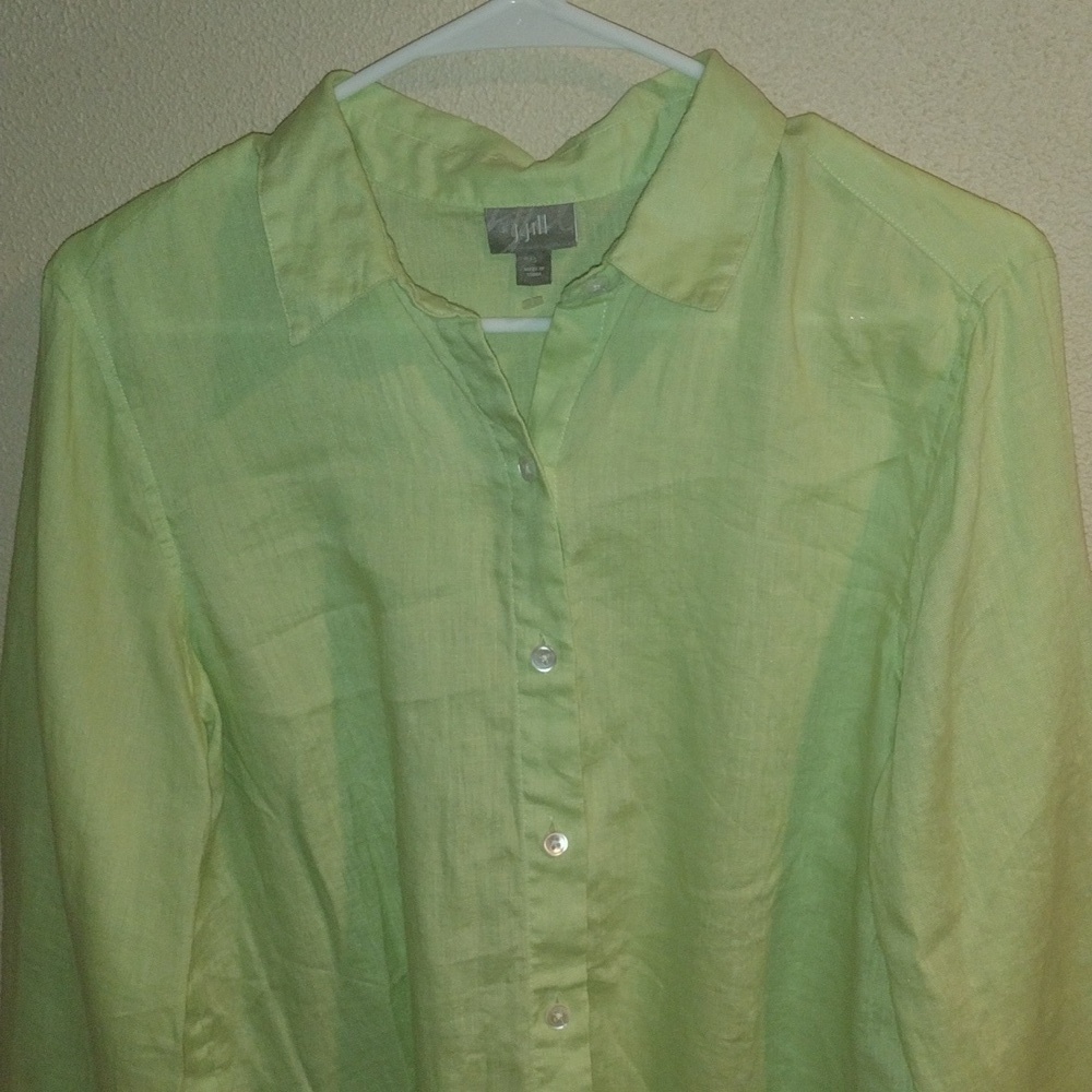 J Jill 100% Linen Bright Green Button up Collared Top Lagenlook S - Picture 2 of 6